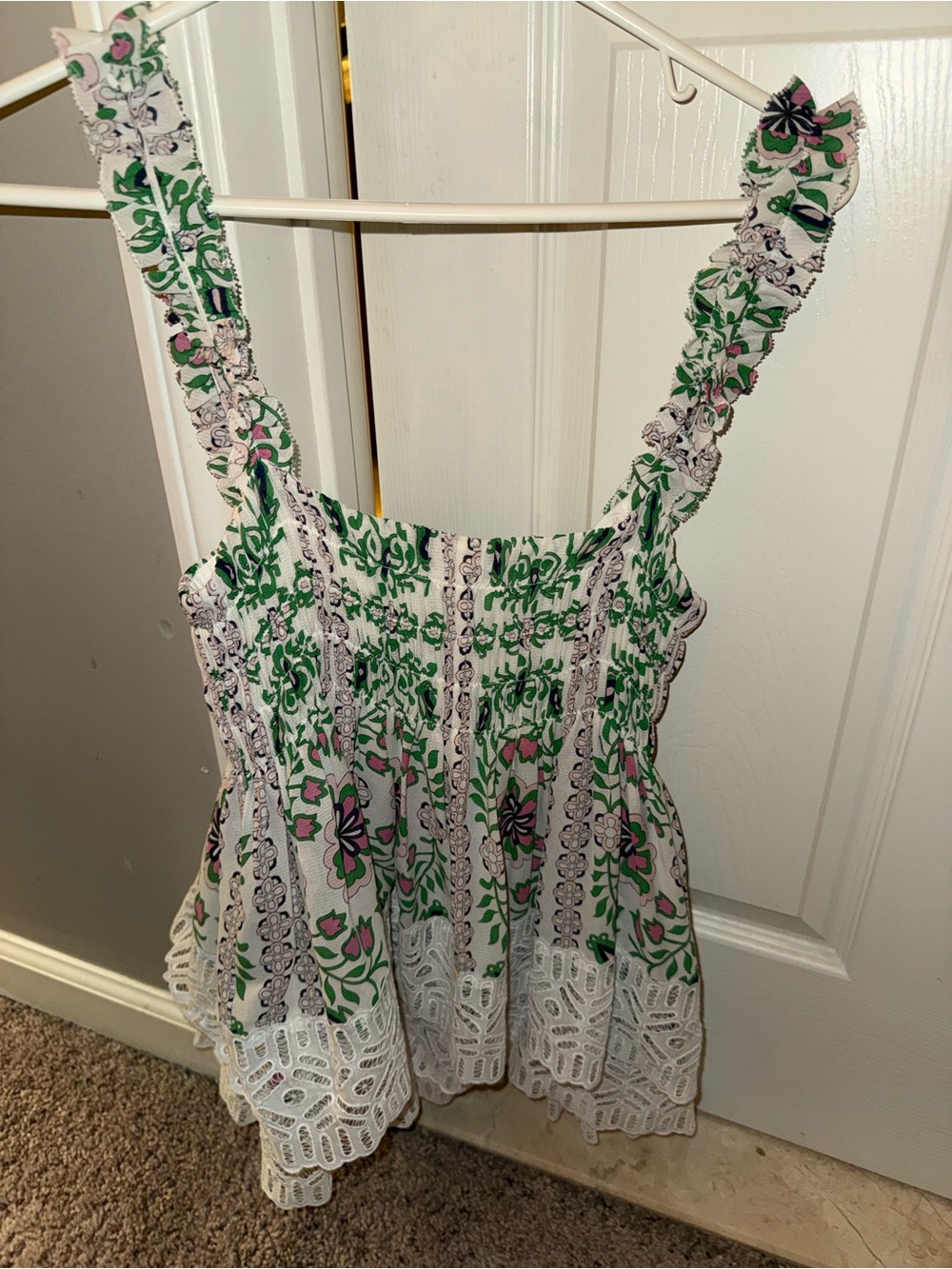 Tory Burch Floral Lace-Trim Green & White Sleeveless, Airy, Lace & Delicate